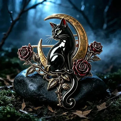 🐈‍⬛🌙 Black Cat Crescent Moon Brooch – Gothic Rose Statement Pin
