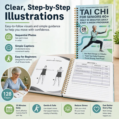 🔥🎁🔥Tai Chi Walking for Seniors, Spiral Bound 28 Day Morning Plan