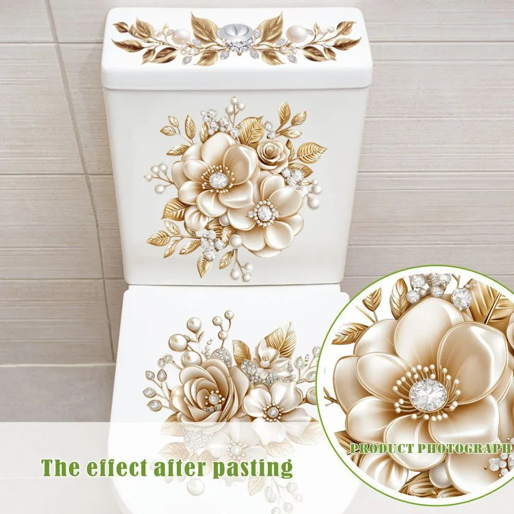 🌸3 Piece Golden Floral Toilet Stickers – Pearl-Inspired Bathroom Decals