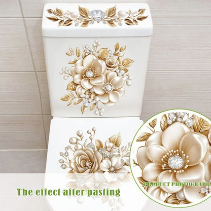 🌸3 Piece Golden Floral Toilet Stickers – Pearl-Inspired Bathroom Decals