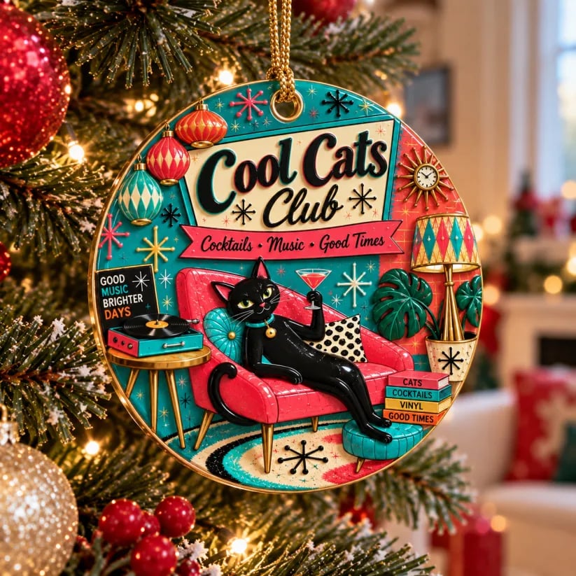 Vintage Mid-Century Black Cat Christmas Ornaments