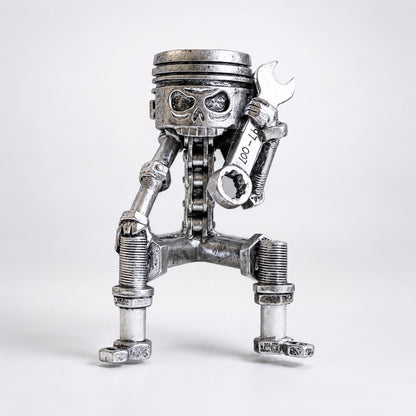 💀 Industrial Mechanical Skull Resin Sculpture – Gear, Wrench & Chain Gothic Décor