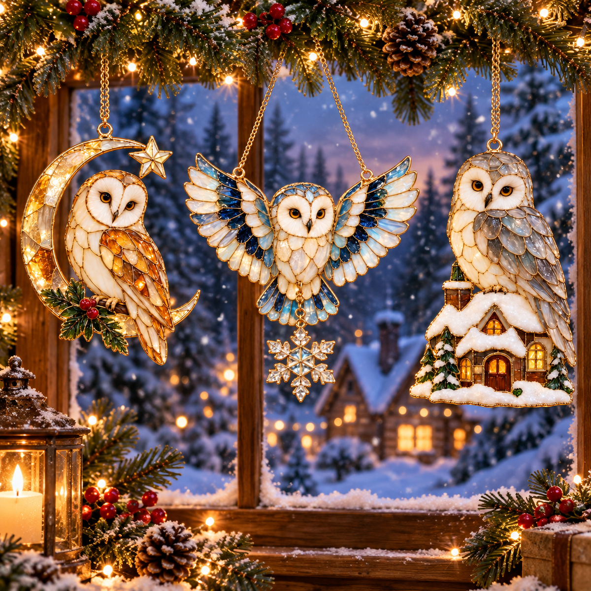 Woodland Christmas Owls – Vintage Stained Glass Style Christmas Ornaments, Set of 6