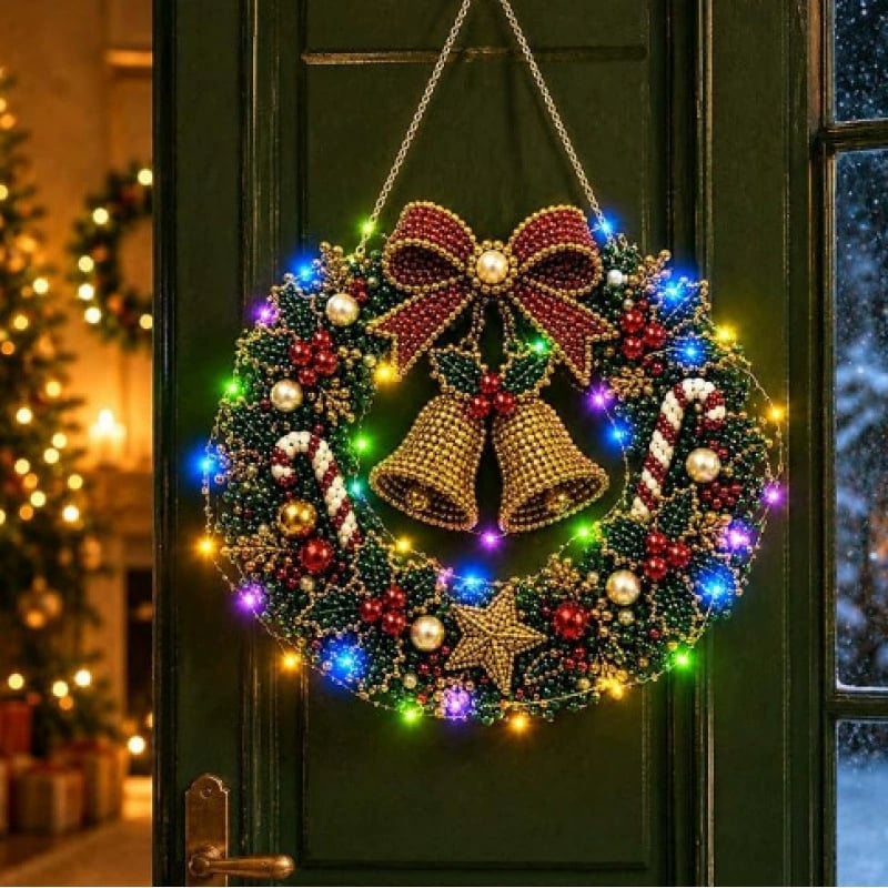 LED Weihnachts-Perlen-Diamantbild – Funkelnde Weihnachtskranz-Dekoration mit 19 Motiven