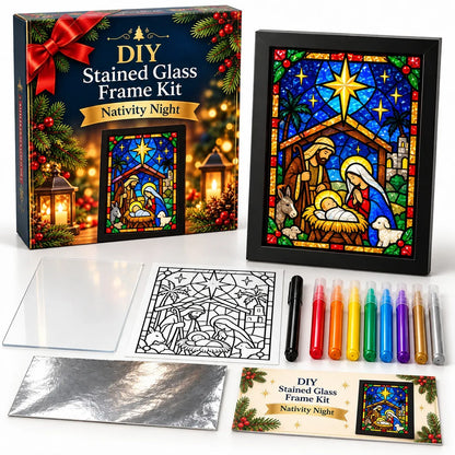 ⏳ Last Day 49% OFF – 🎄Beginner-Friendly Christmas Stained Glass-Style Frame Kit | 8 Festive Designs with Pens, Foil & Frame ✨