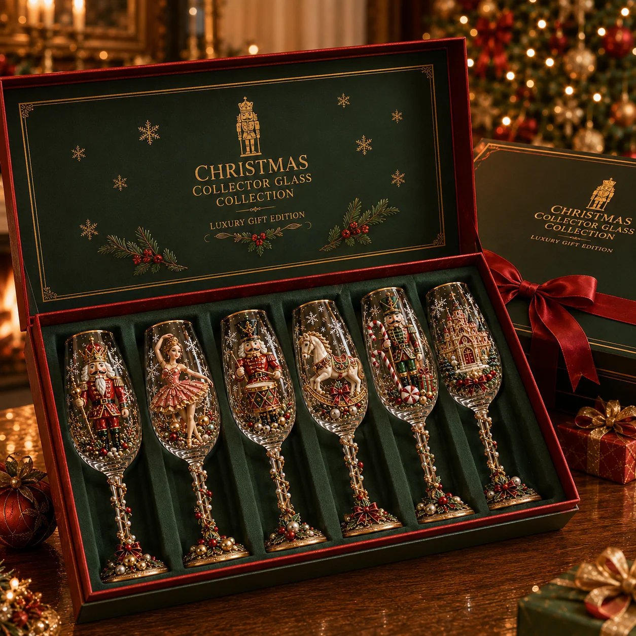 🎁🎭 Nutcracker-Inspired Christmas 3D Collector Champagne Glass Set