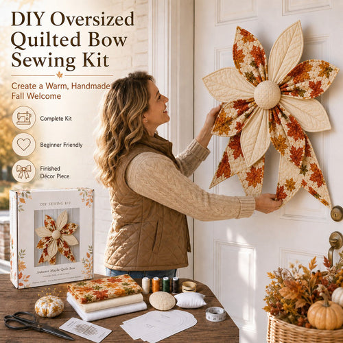 🎀 Oversized Quilted Bow Sewing Kit | Coordinated Printed Fabrics, Soft Batting, Pre-Designed Templates & Complete Supplies for a Full 23–25 in Statement Bow 🍁✨
