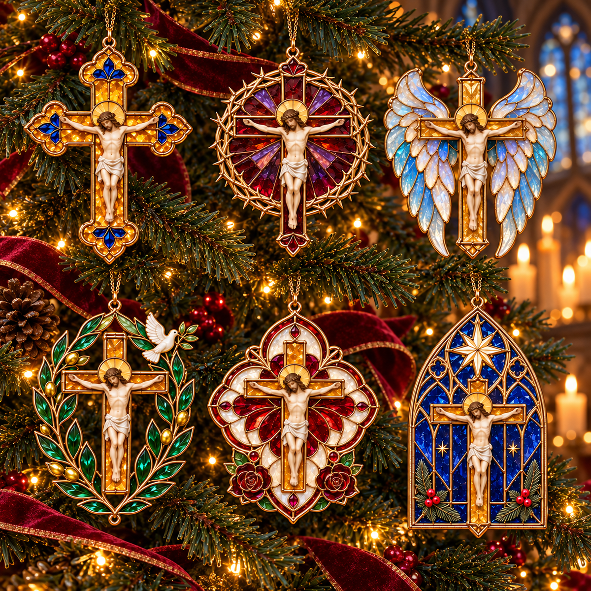 Stained Glass Style Crucifix Christmas Ornaments