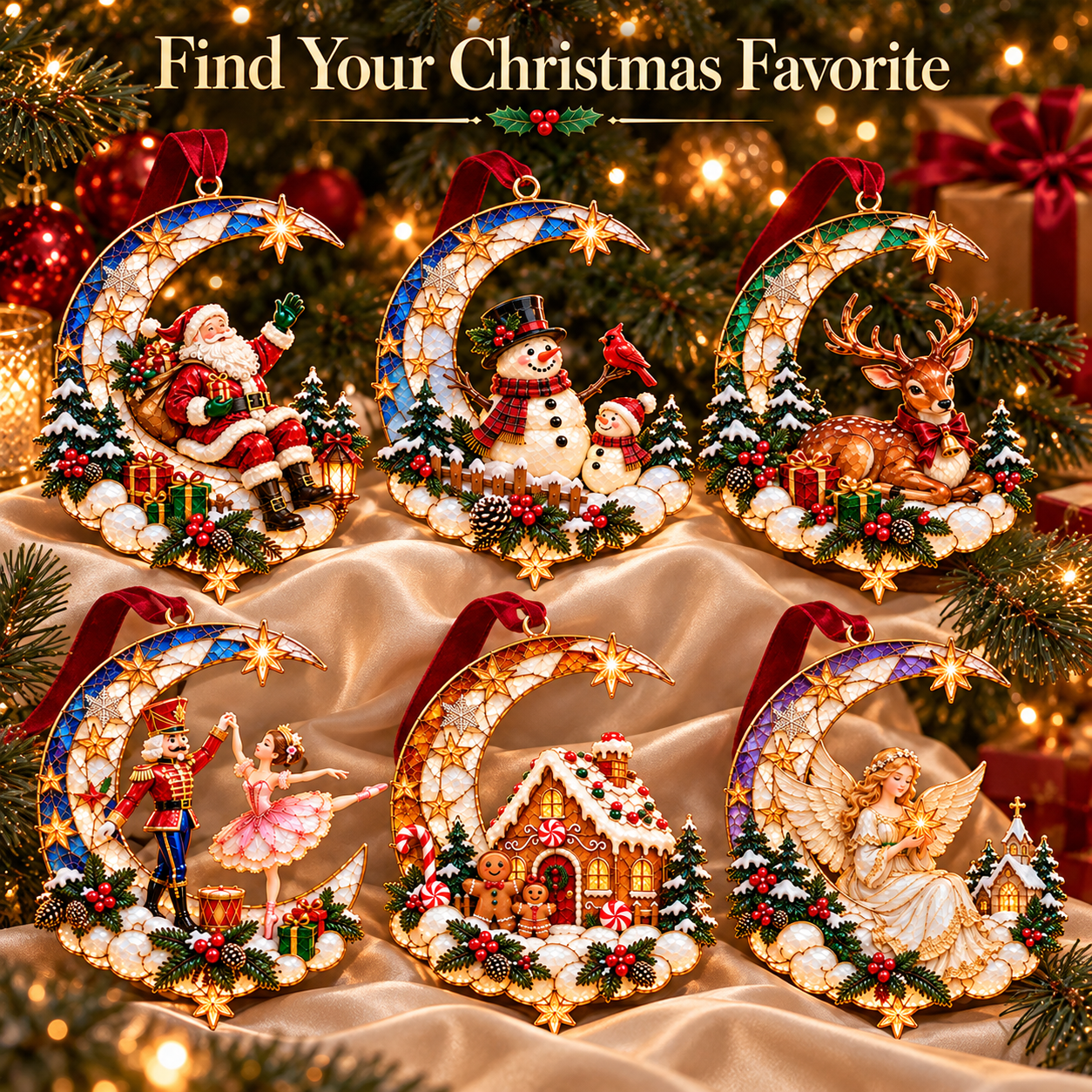 Six storybook crescent moon Christmas ornaments
