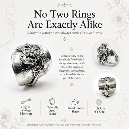 ✨ Handmade Adjustable Sterling Silver Spoon Ring – Norwegian Swirl with Daisy Design, Crafted from Vintage Silverware