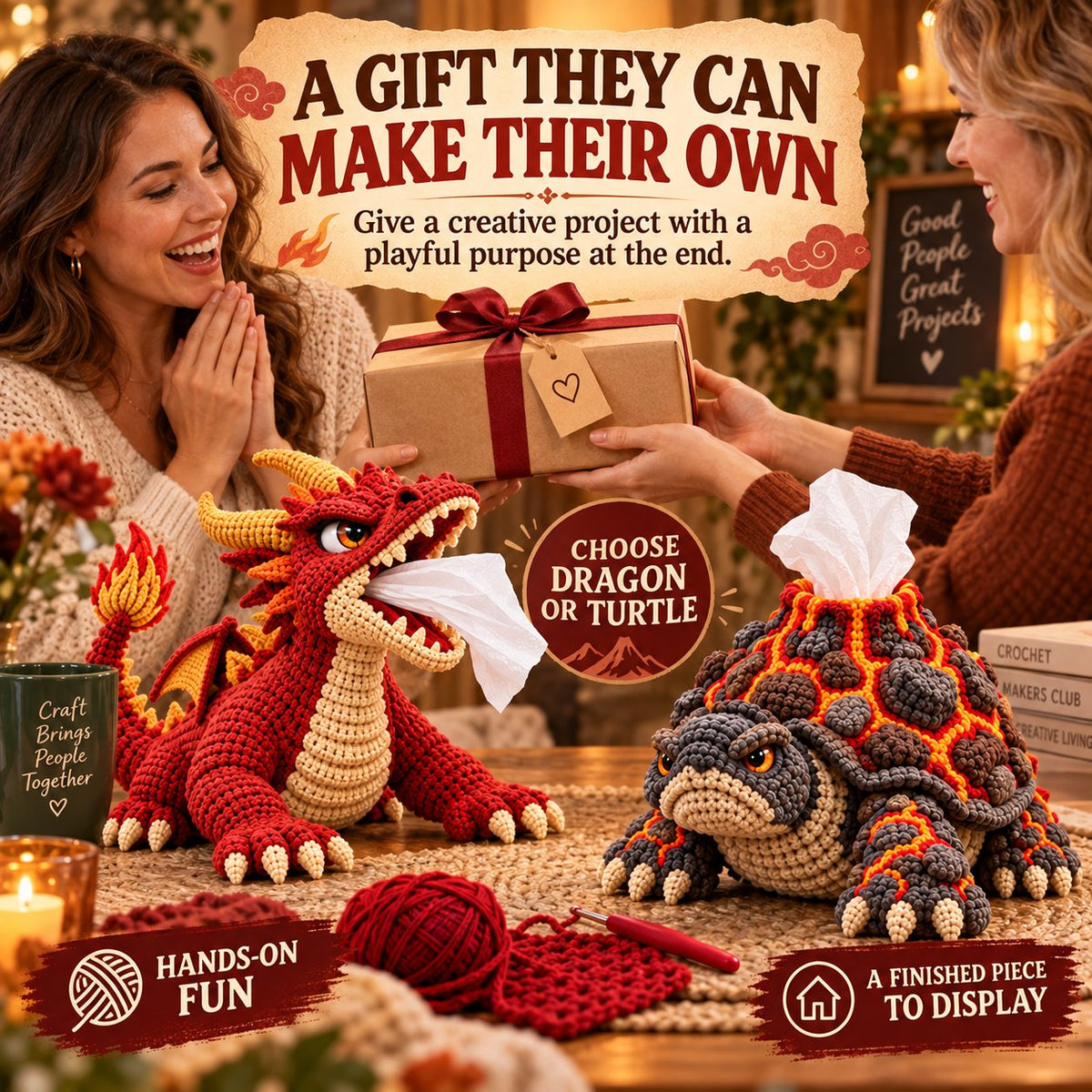 Fantasy Crochet Tissue Box Cover DIY Kit | Pull Tissues From a Dragon’s Mouth or Turtle’s Volcano