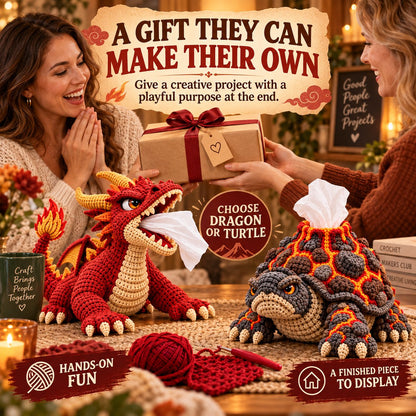 Fantasy Crochet Tissue Box Cover DIY Kit | Pull Tissues From a Dragon’s Mouth or Turtle’s Volcano