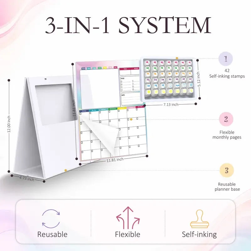 📅 Reusable Desk Calendar with 42 Self-Inking Event Stamps & 23 Replaceable Pages