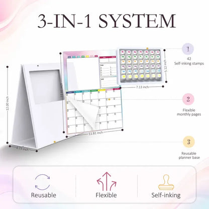 📅 Reusable Desk Calendar with 42 Self-Inking Event Stamps & 23 Replaceable Pages