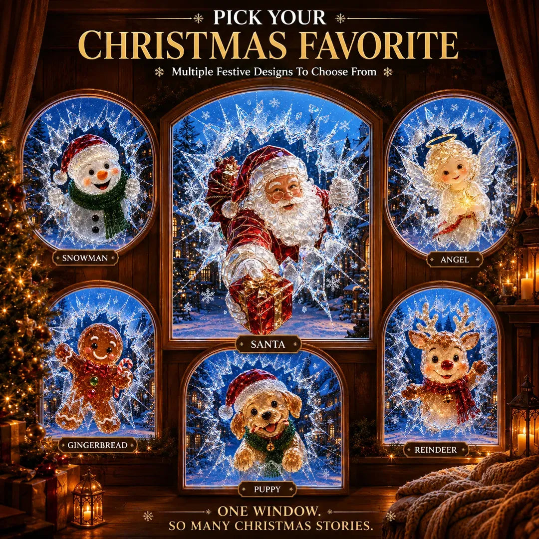 🎄Crystal Christmas Break-In Window Decal | 3D Shattered Glass Illusion with Sparkling Holiday Characters for Magical Window Decorations ✨🎅