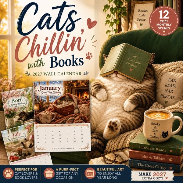 🐱Cats Chillin' with Books 2027 Wall Calendar | A4 Cozy Cat & Book Lover Calendar