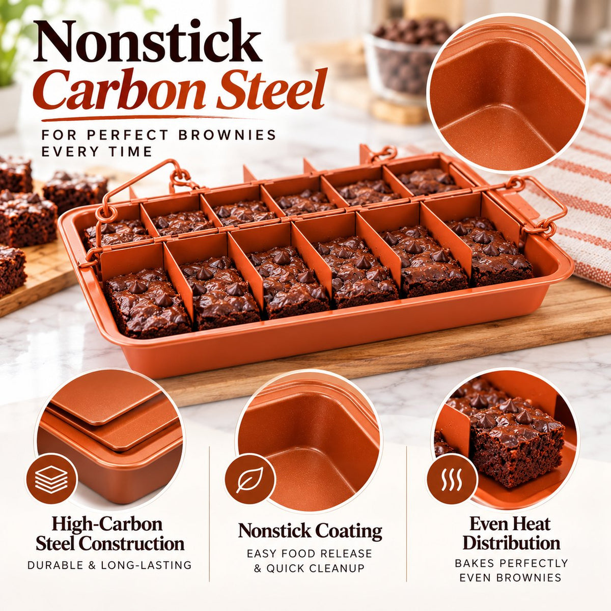 18-Cavity Nonstick Carbon Steel Brownie Pan with Removable Divider & Bottom