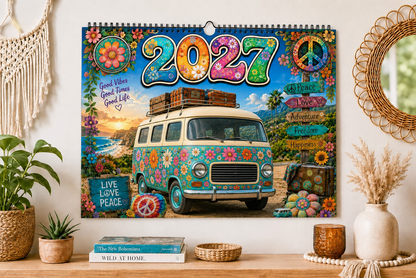 🌼 2027 Hippie Boho Wall Calendar – Retro Road Trip Calendar