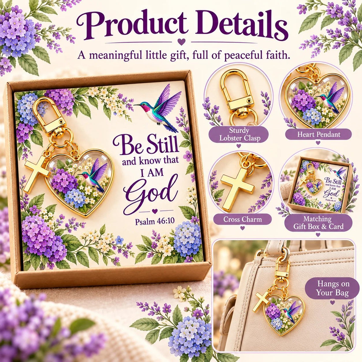 💜✝️ Be Still & Know That I Am God Hummingbird Faith Keychain — Psalm 46:10