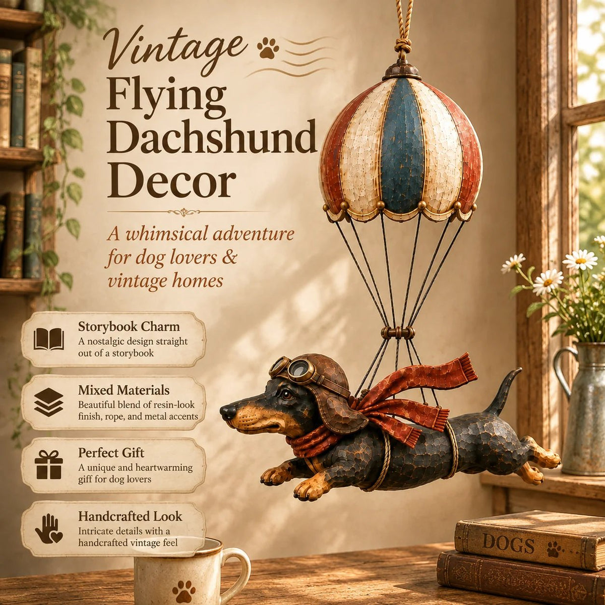 Vintage Flying Dachshund Hot Air Balloon Decor