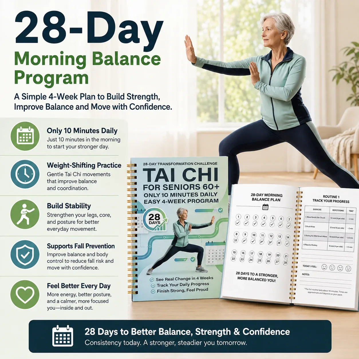🔥🎁🔥Tai Chi Walking for Seniors, Spiral Bound 28 Day Morning Plan