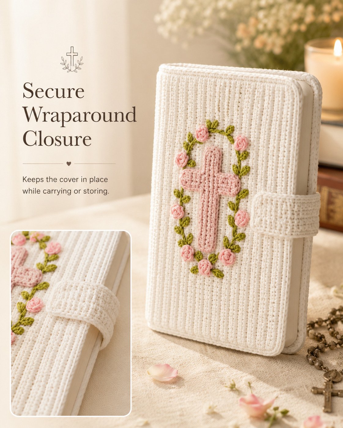 ✝️ Handmade Crochet Bible Cover with Floral Cross | Soft Protective Book Sleeve with Wrap Tie for Bibles, Prayer Books & Christian Gifts 🌸