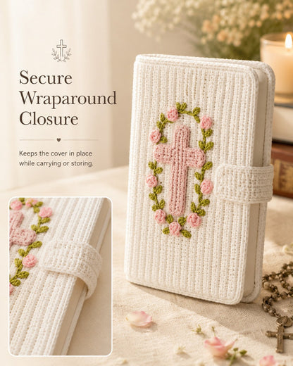 ✝️ Handmade Crochet Bible Cover with Floral Cross | Soft Protective Book Sleeve with Wrap Tie for Bibles, Prayer Books & Christian Gifts 🌸