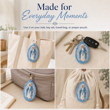 🙏 Handmade Marian Crochet Keychain Keepsake | Soft Blue-and-White Yarn, Raised Oval Crochet Frame & Metal Split Ring 💙✨