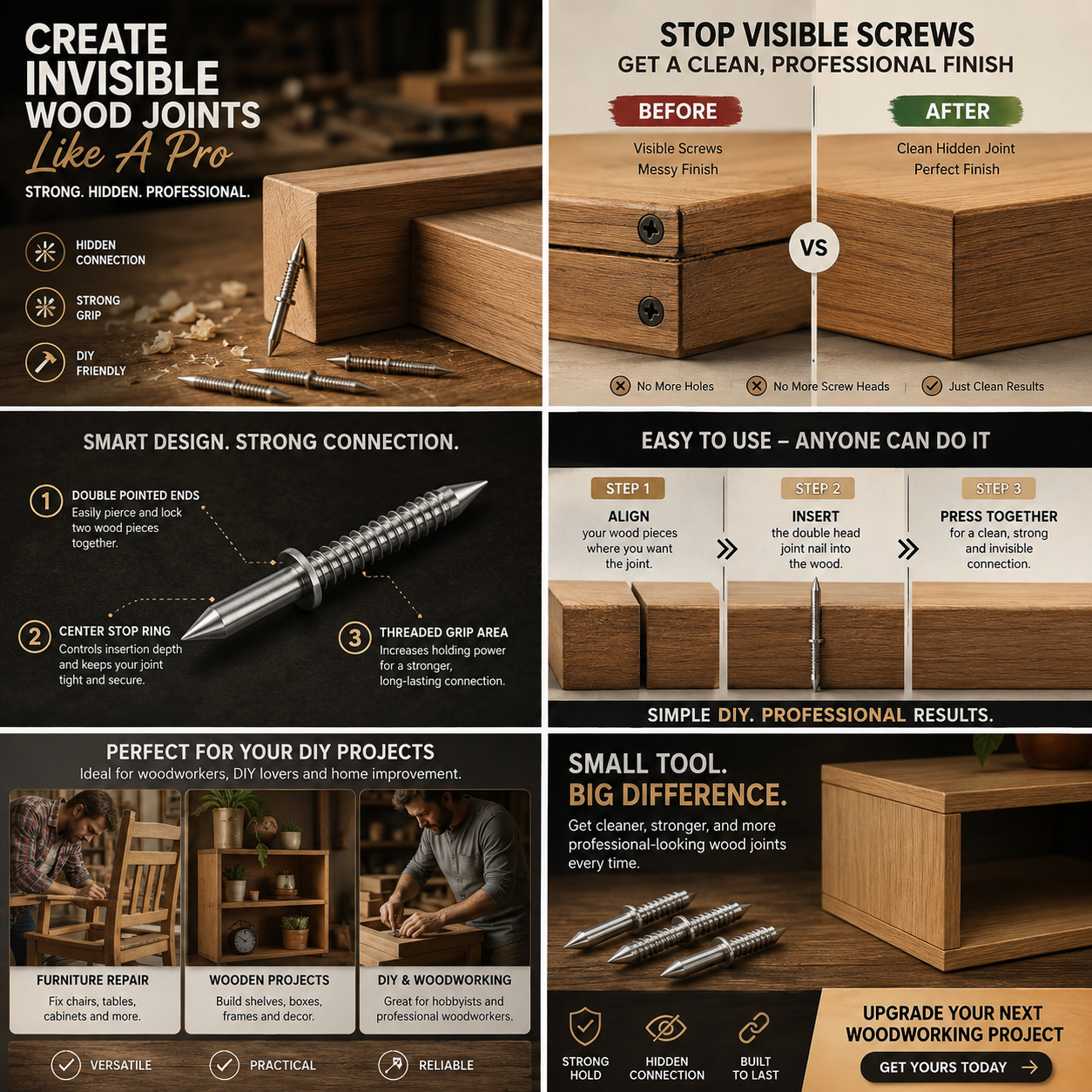🔨Invisible Double Head Wood Joint Nails | Hidden Connector Pins for DIY Furniture Repair & Woodworking
