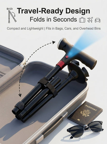 🔥 Must-Have Senior Smart Cane – Foldable Aluminum with LED Light & Quad Anti-Slip Feet