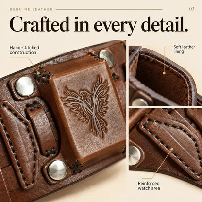Leather Cuff Watch Strap with Personalized Flap, Brown Wide Handmade Watch Band for Apple