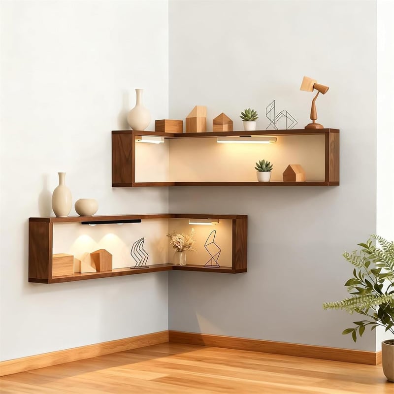 Wooden Corner Wall Shelf with Built-in Lights