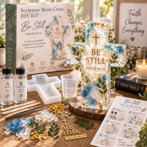 ✝️ Beginner-Friendly Be Still Scripture Resin Cross DIY Kit | Complete Kit with Cross Mold, Two-Part Resin, Florals, Gold Accents, Tools & Step-by-Step Guide Included 💕