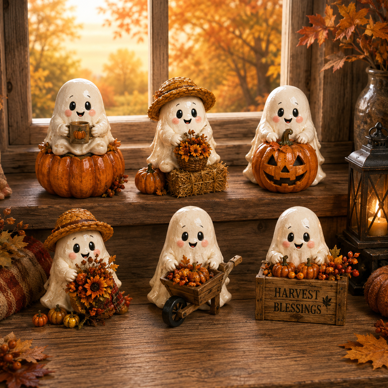 Ghost in the Pumpkin Patch Halloween miniatures displayed in a cozy autumn setting