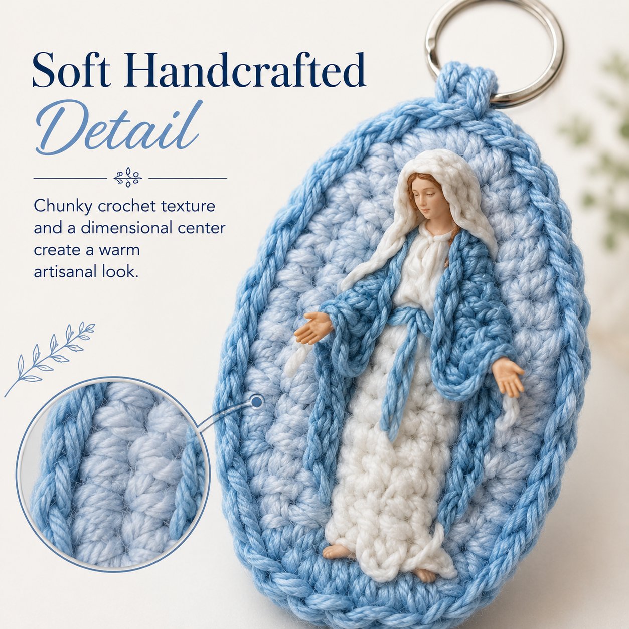 🙏 Handmade Marian Crochet Keychain Keepsake | Soft Blue-and-White Yarn, Raised Oval Crochet Frame & Metal Split Ring 💙✨