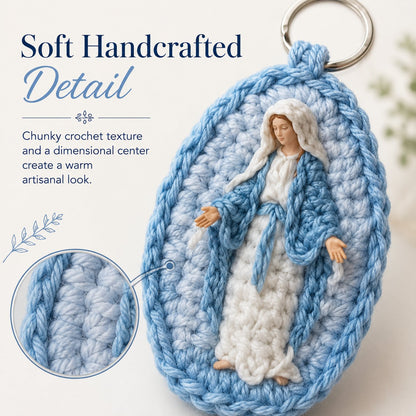 🙏 Handmade Marian Crochet Keychain Keepsake | Soft Blue-and-White Yarn, Raised Oval Crochet Frame & Metal Split Ring 💙✨