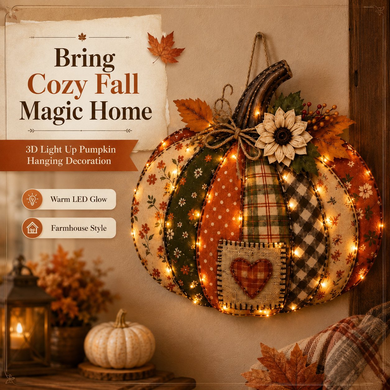 🎃 3D Light Up Pumpkin Hanging Decoration – Rustic Farmhouse Fall Door & Wall Decor