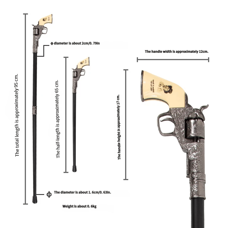 🤠 Western Revolver Walking Cane – Adjustable Vintage Design