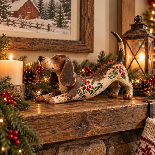 Christmas Dachshund Figurine – Rustic Farmhouse Holiday Dog Decor with Holly & Evergreen Accents