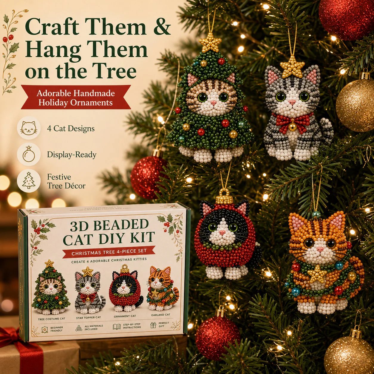 💥🏆Create Your Own 3D Beaded Christmas Cats | Beginner-Friendly DIY Kit🎁