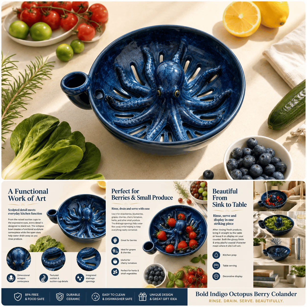 Bold Indigo Octopus Berry Colander