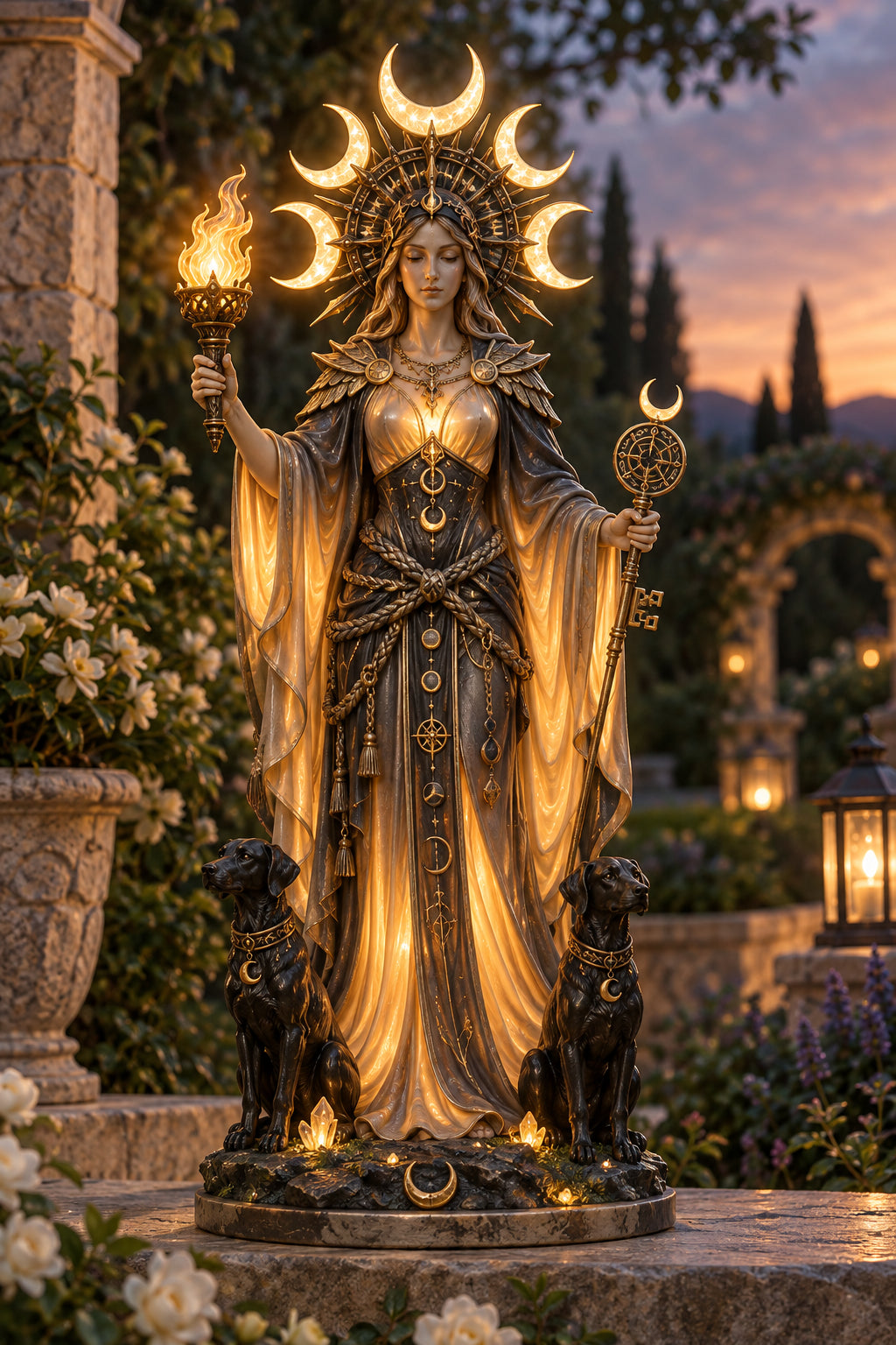 🌙🔥 Hecate Goddess Guardian Statue | Lighted Triple Moon Goddess with Twin Hounds, Torch & Key