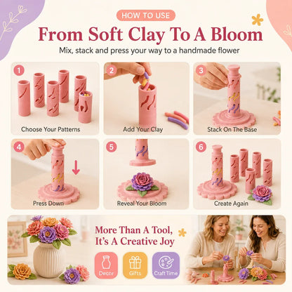 ⏳ Last Day 49% OFF – 🌸 Beginner-Friendly Clay Bloom Maker Set | Reusable 3D-Printed Flower Shaping Tool with Interchangeable Sleeves & 24-Color Modeling Clay Included ✨