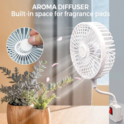 🌀🌿 360° bendable fan – quiet, scent slot, portable & cools every corner!