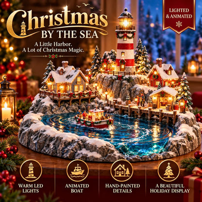 Christmas by the Sea lighthouse village with animated boat and warm LED lights