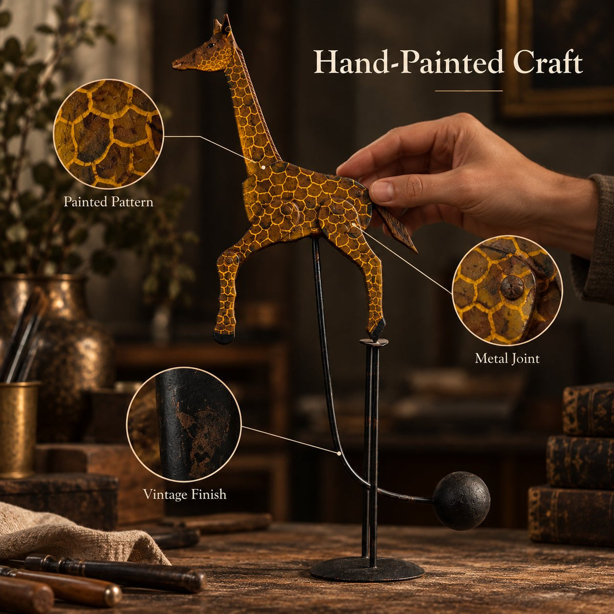 Handcrafted Balancing Giraffe Kinetic Desk Sculpture Mid-Century Kinetic Art Statue for Office Desktop & Home Table Decor