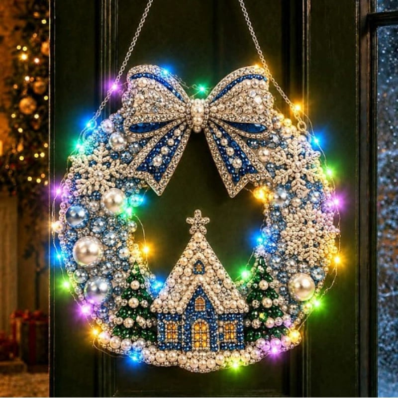 LED Weihnachts-Perlen-Diamantbild – Funkelnde Weihnachtskranz-Dekoration mit 19 Motiven