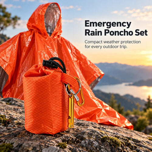 Emergency Rain Poncho Set with Storage Pouch, Aluminum Whistle & Carabiner