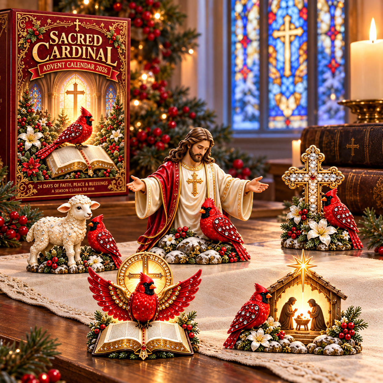 Jesus, nativity, cross and cardinal Christmas keepsake figurines