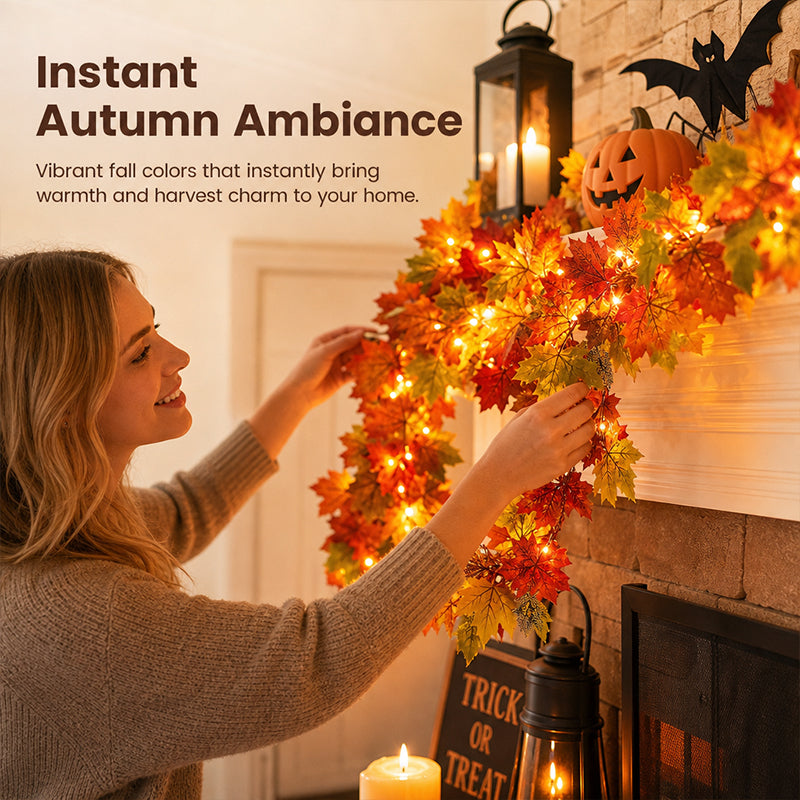 🍁 Autumn Maple Leaf Garland – 175cm Artificial Leaves Decoration for Mantelpiece, Staircase, Door Frame & Table